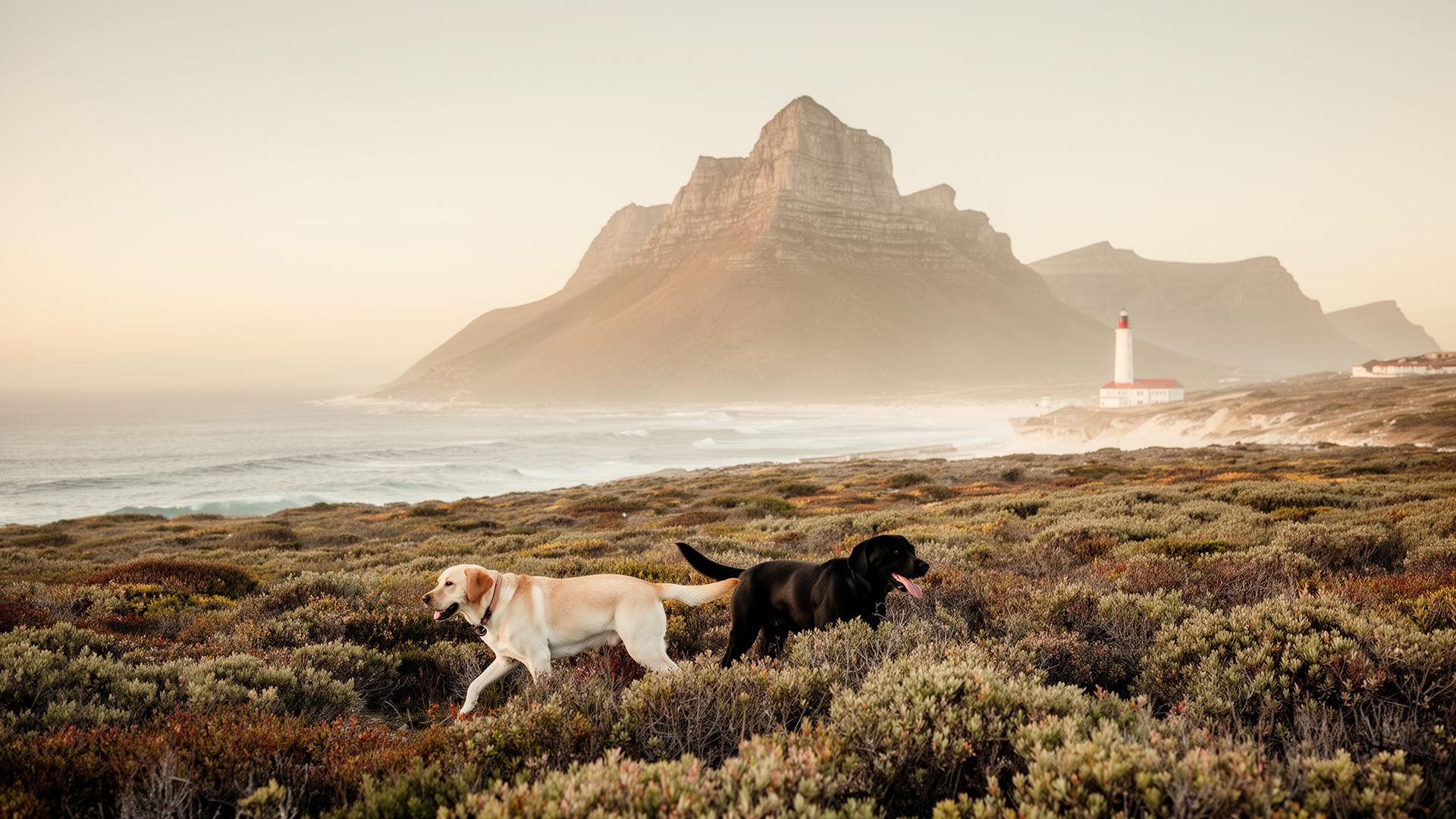 Two happy Labrador retrievers playing on Kommetjie beach with Slangkop Mountain and lighthouse in the background
