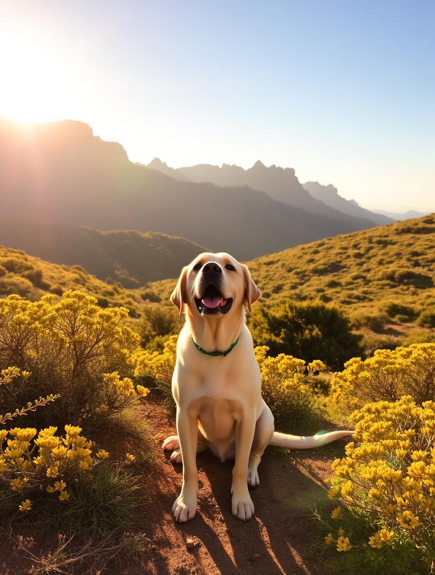 A yellow Labrador retriever enjoying the morning sun on the Capri mountainside