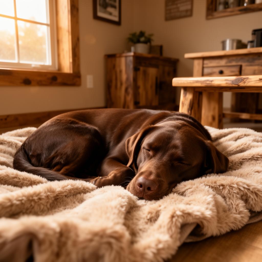 A chocolate Labrador retriever snoozing peacefully on a cosy blanket in a sunlit South Paws boarding room