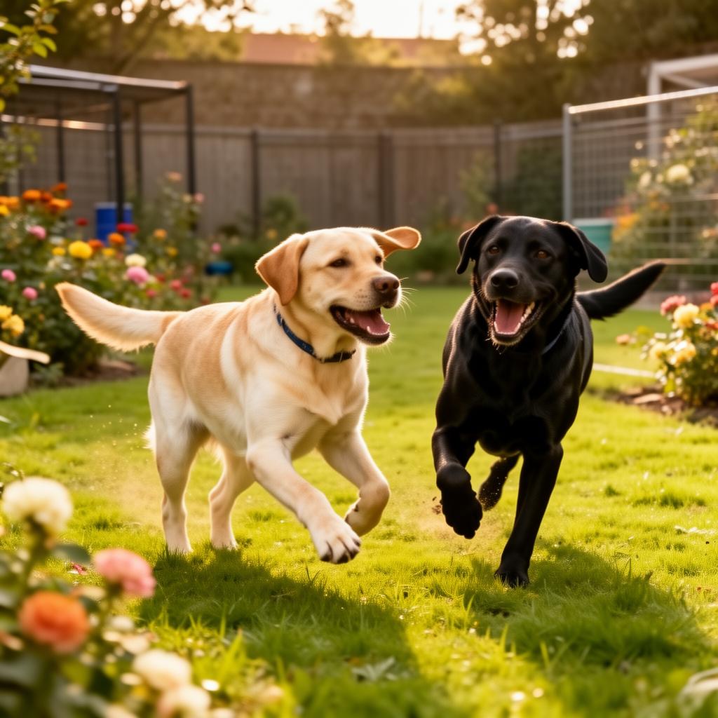 Happy Labrador retrievers playing together in the sunny South Paws garden in Capri Village