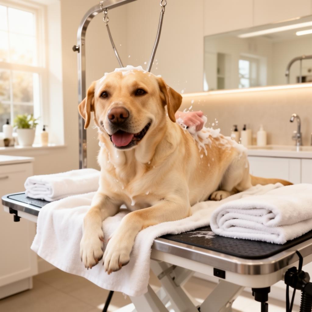A beautiful yellow Labrador retriever being gently bathed and groomed at the South Paws dog parlour in Capri Village