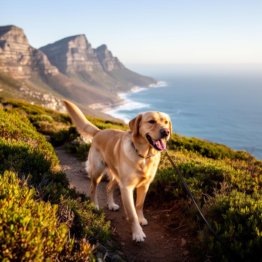 A happy golden Labrador retriever being walked along the scenic coastal path near Long Beach, Cape Town